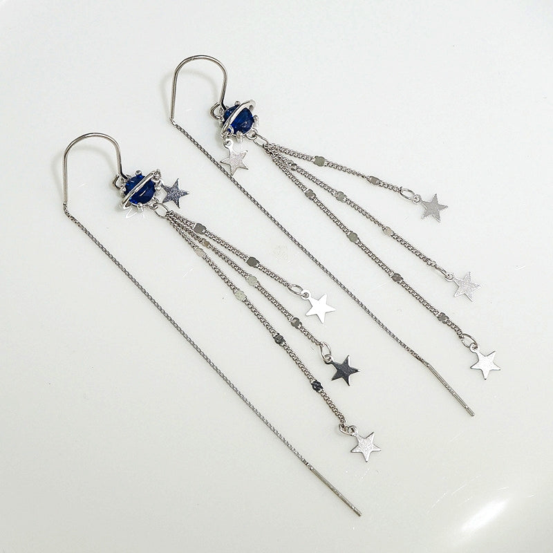 Sterling Silver Space Star Threader Tassel Earrings