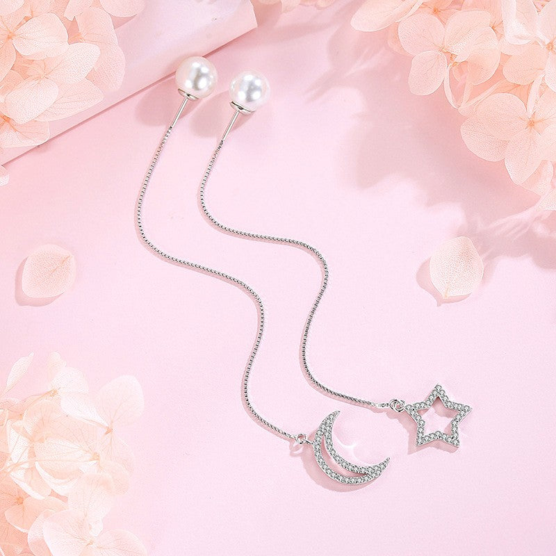Sterling Silver Star And Moon Pearl Threader Earrings