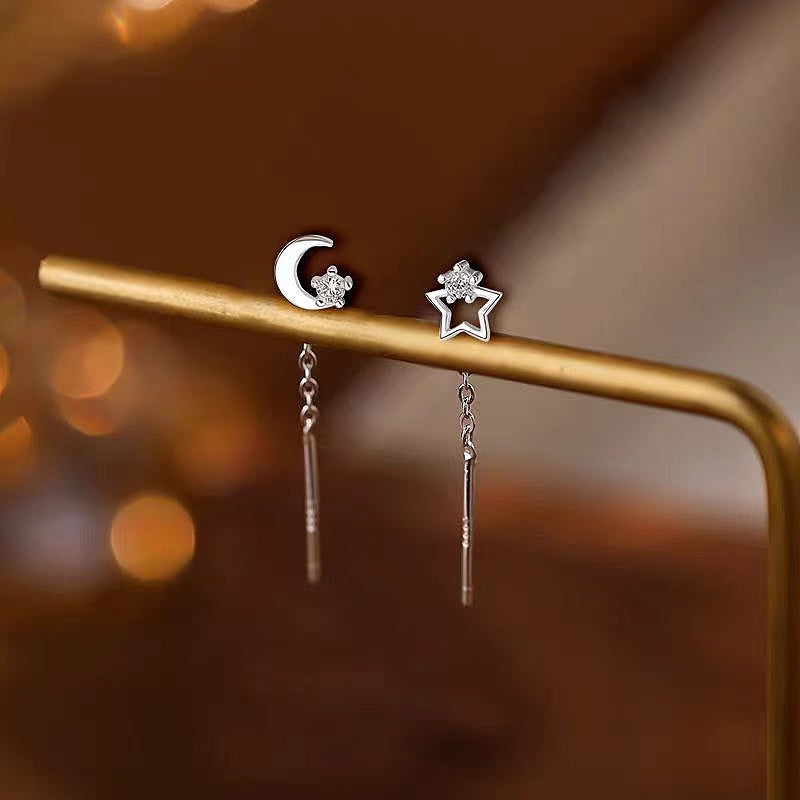 Sterling Silver Star And Moon Threader Earrings
