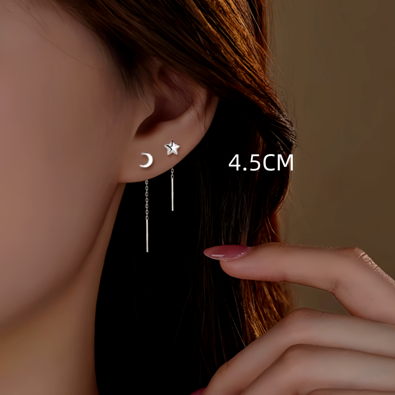 Sterling Silver Star And Moon Threader Earrings