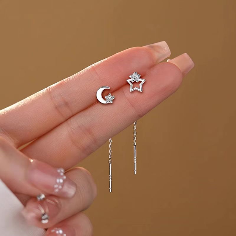 Sterling Silver Star And Moon Threader Earrings
