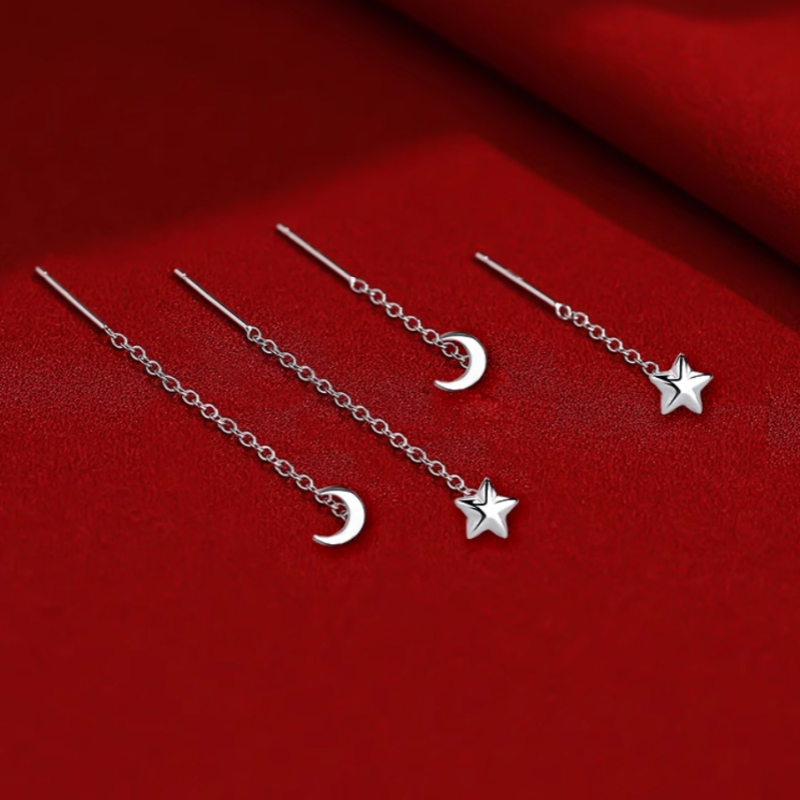 Sterling Silver Star And Moon Threader Earrings