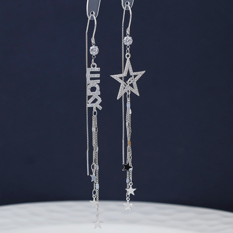 Sterling Silver Star LUCKY Tassel Threader Earrings