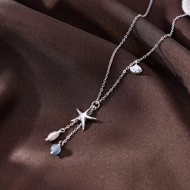 Sterling Silver Starfish Shell Natural Pearl Necklace
