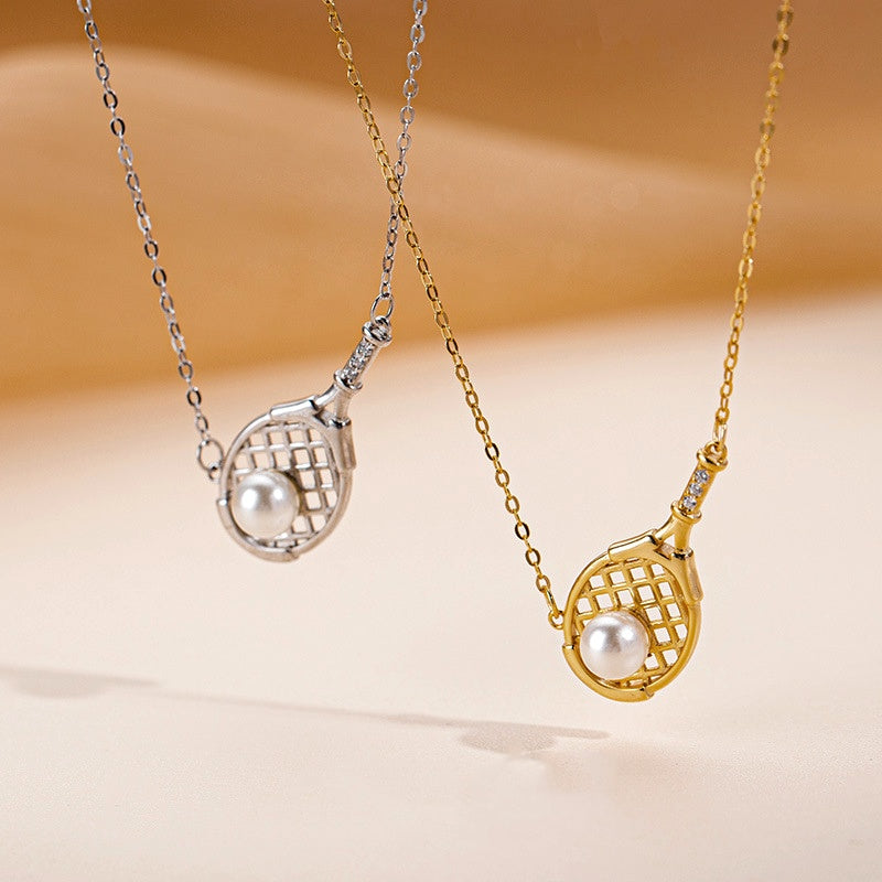 Sterling Silver Tennis Racket Pearl Necklaces