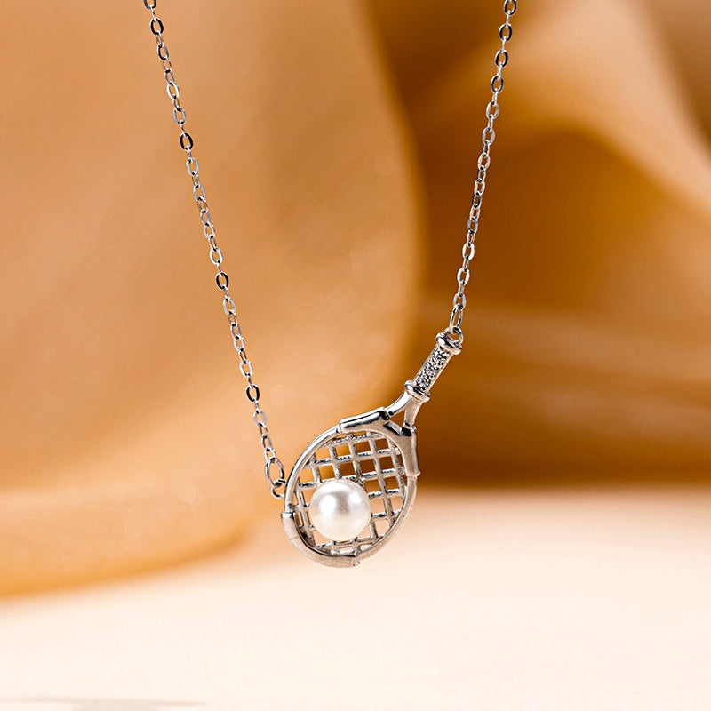 Sterling Silver Tennis Racket Pearl Necklaces