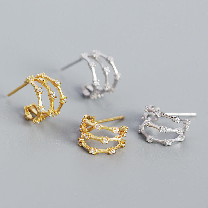 Sterling Silver Three-Layer Bamboo Inlaid Diamond C-Shaped Earrings
