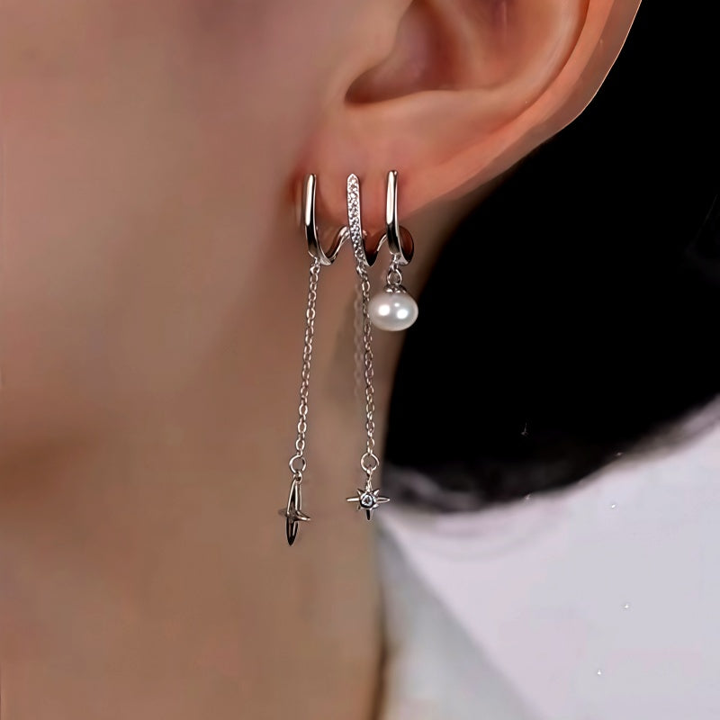 Sterling Silver Three-Layer Pearl Star Tassel Earrings