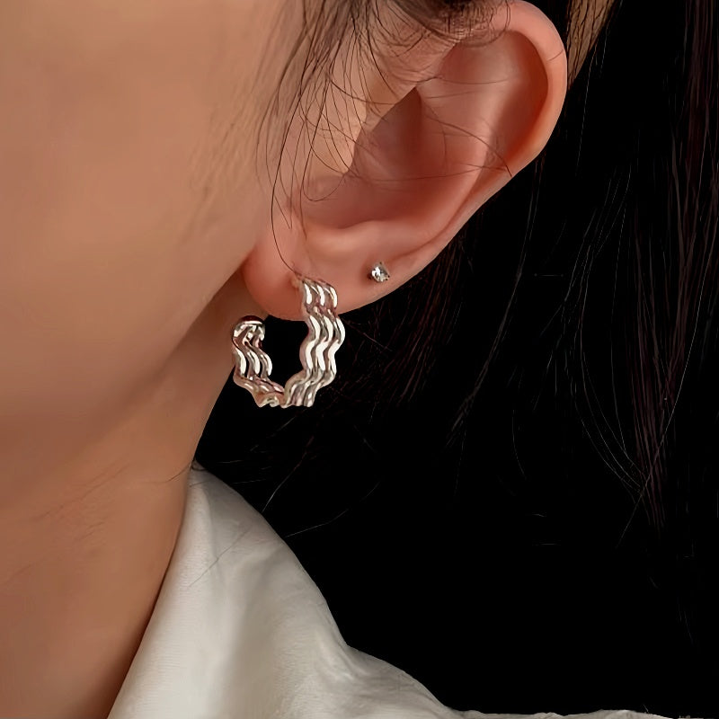 Sterling Silver Three-Layer Wave Texture Earrings