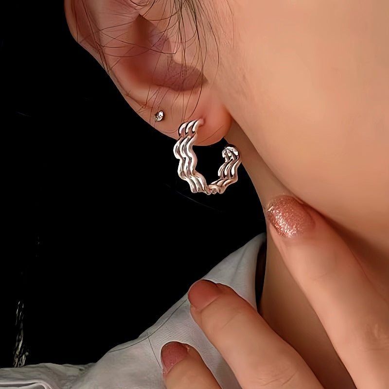 Sterling Silver Three-Layer Wave Texture Earrings