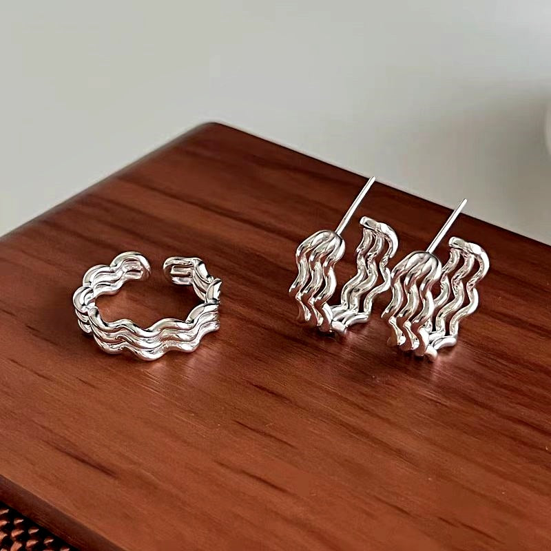 Sterling Silver Three-Layer Wave Texture Earrings
