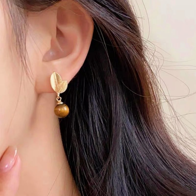 Sterling Silver Tiger Eye Stone Leaf Earrings
