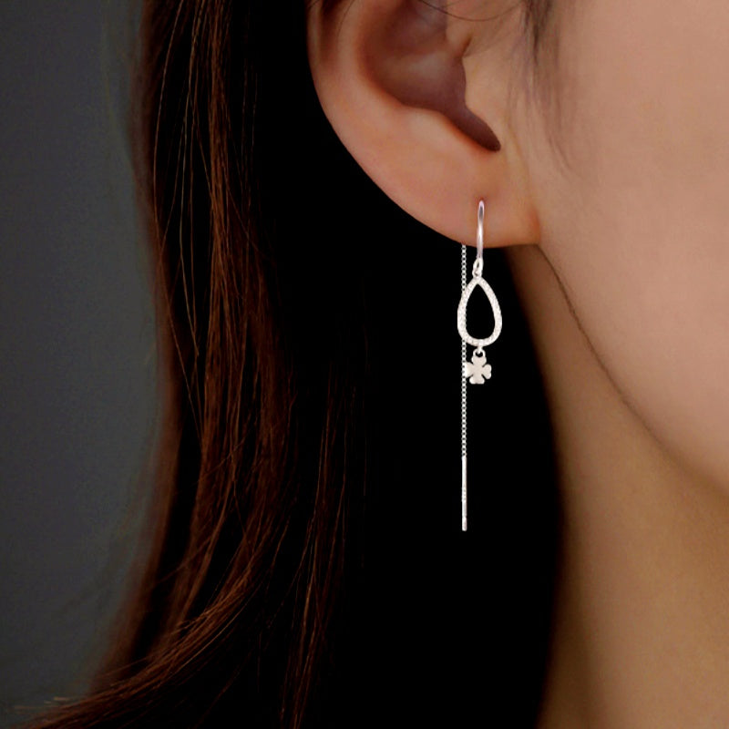 Sterling Silver Water Drop Clover Leaf Threader Earrings