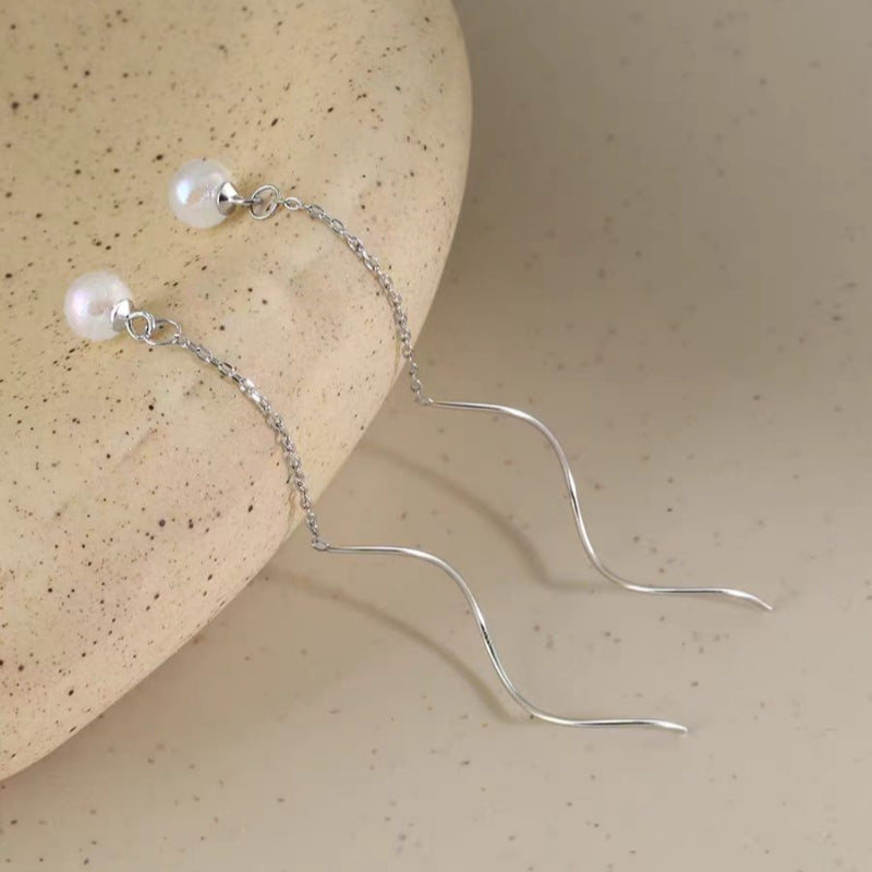 Sterling Silver Wavy Artificial Pearl Threader Earrings