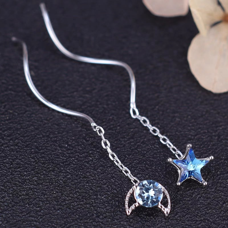 Sterling Silver Wavy Blue Star And Moon Threader Earrings