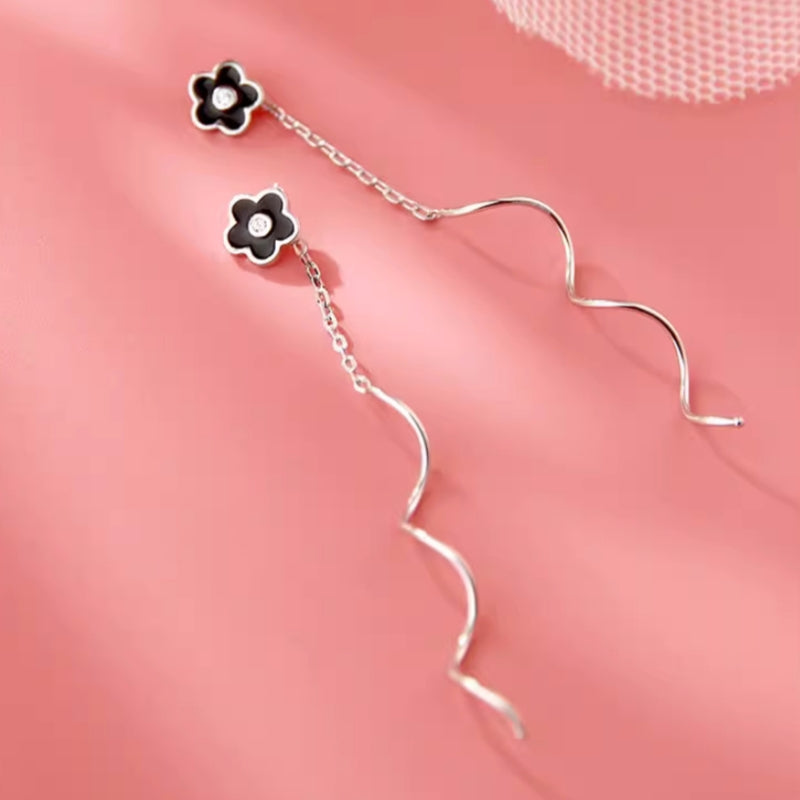 Sterling Silver Wavy Flower Threader Earrings