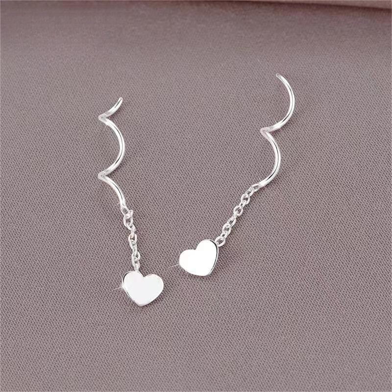 Sterling Silver Wavy Heart-Design Threader Earrings