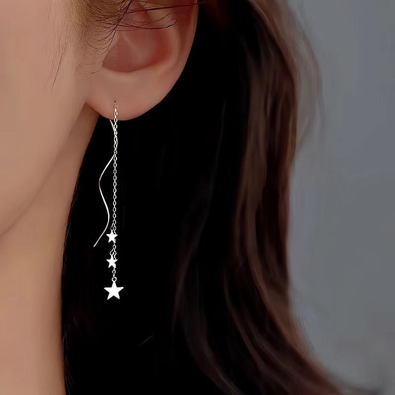 Sterling Silver Wavy Large And Small Star Threader Earrings