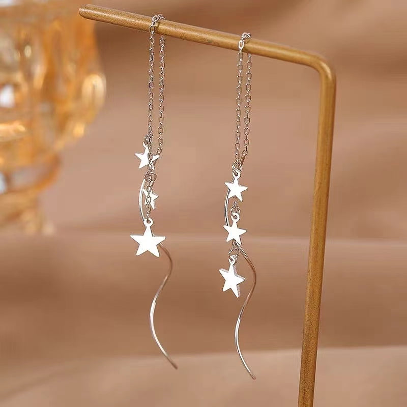 Sterling Silver Wavy Large And Small Star Threader Earrings