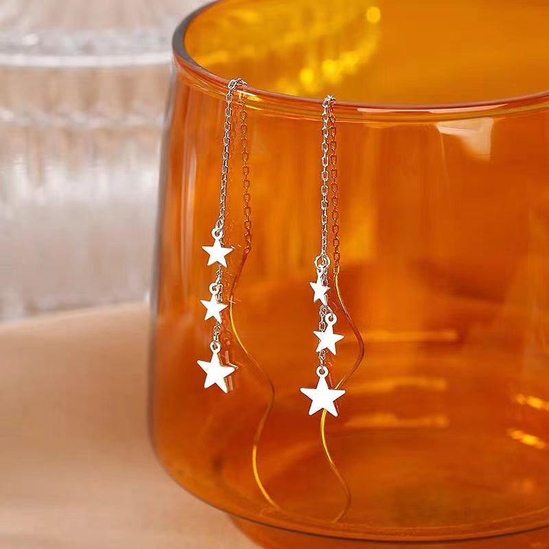 Sterling Silver Wavy Large And Small Star Threader Earrings