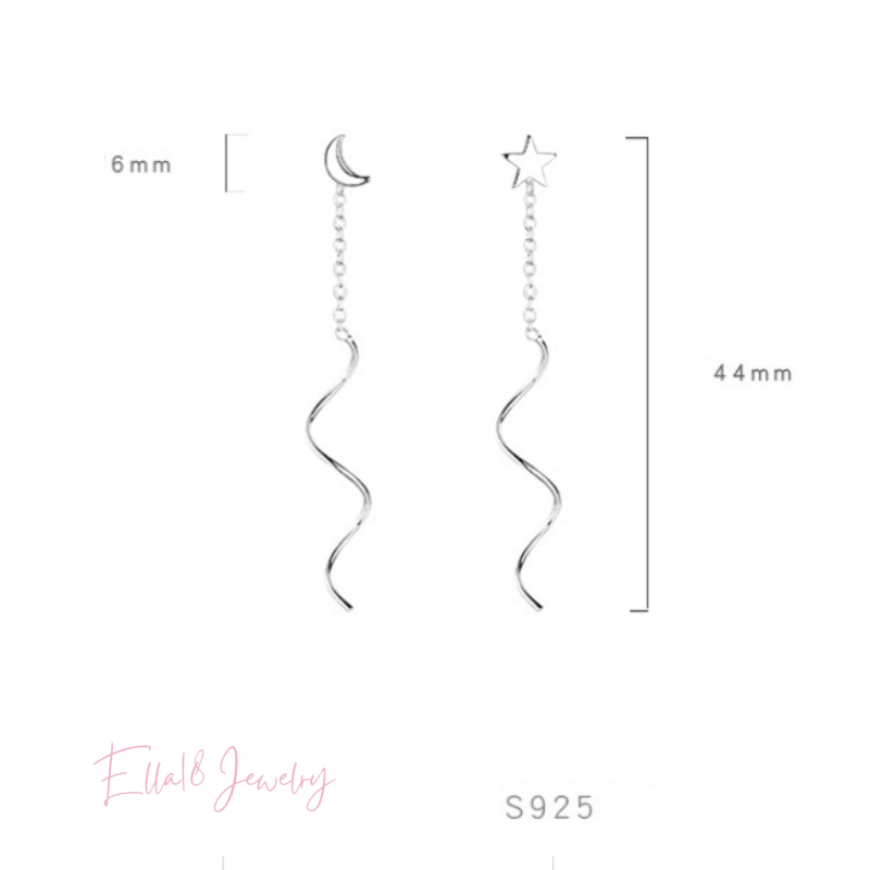 Sterling Silver Wavy Star And Moon Threader Earrings