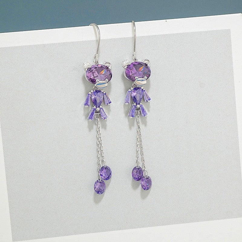 Sterling Silver Zircon Bear Tassel Threader Earrings