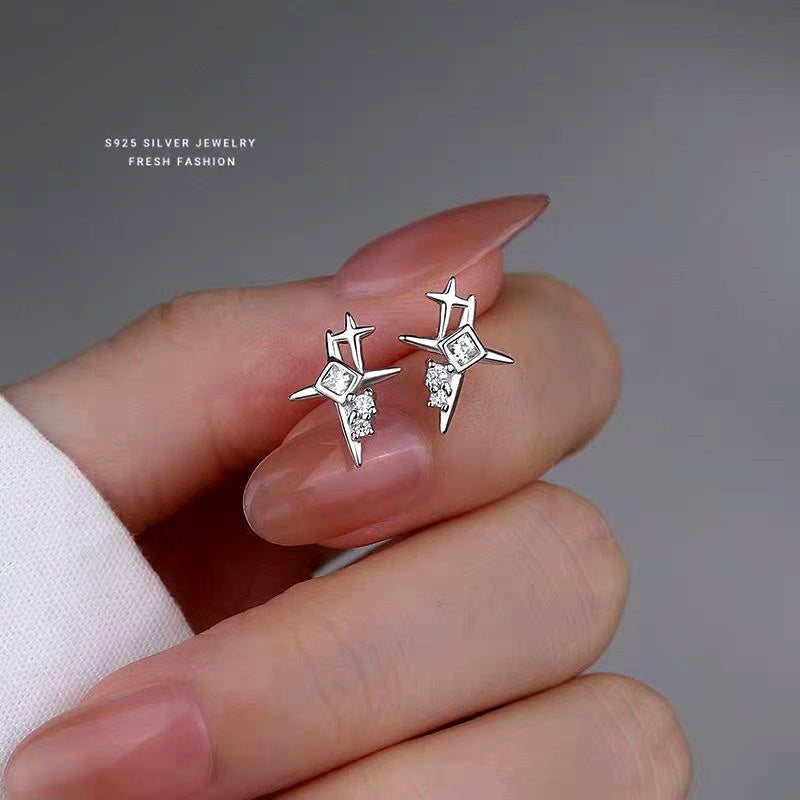 Sterling Silver Zircon Bling Star Stud Earrings