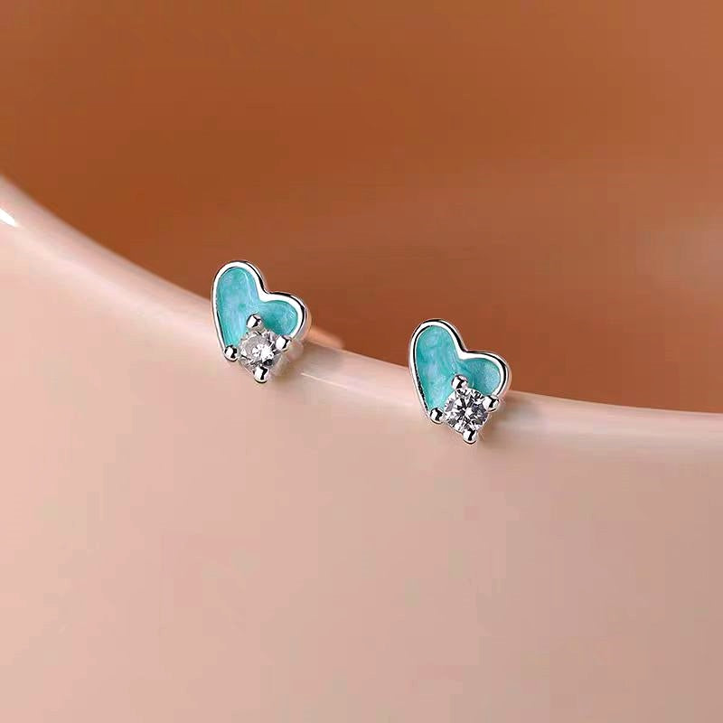 Sterling Silver Zircon Blue Heart-Design Stud Earrings