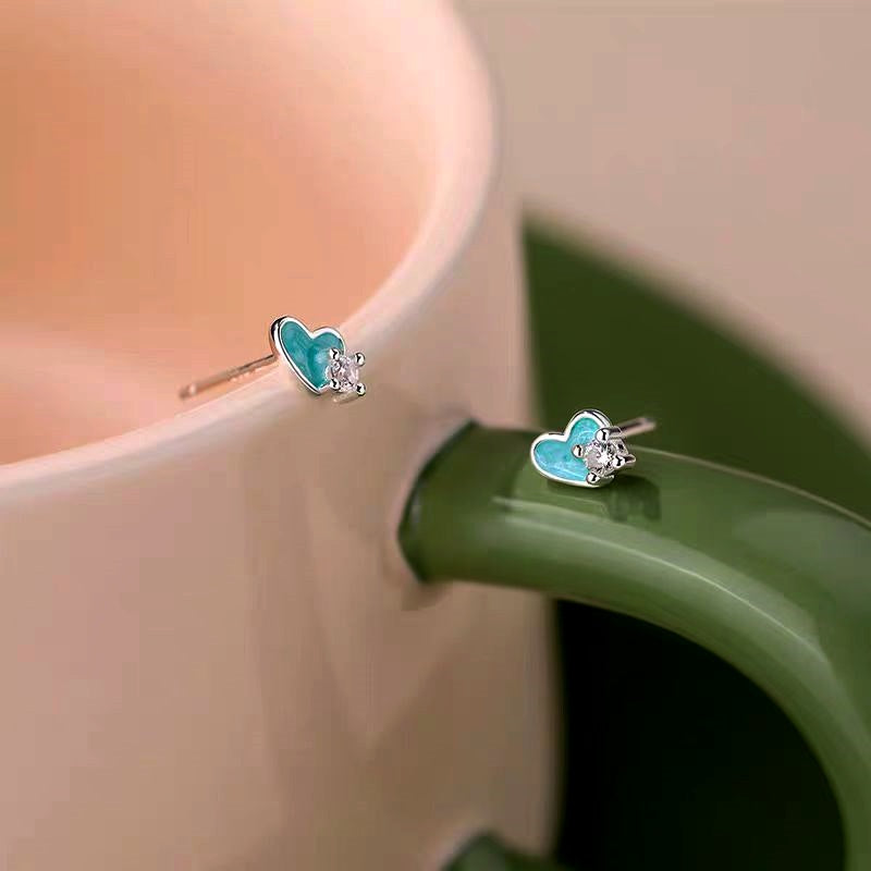 Sterling Silver Zircon Blue Heart-Design Stud Earrings