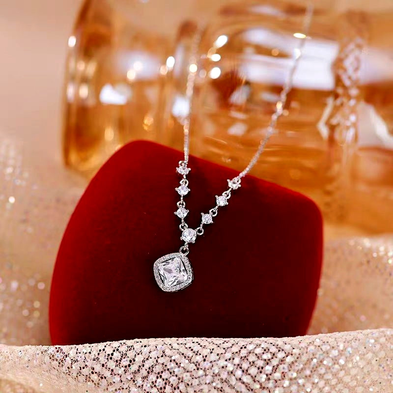 Sterling Silver Zircon Diamond Sugar Cube Necklace