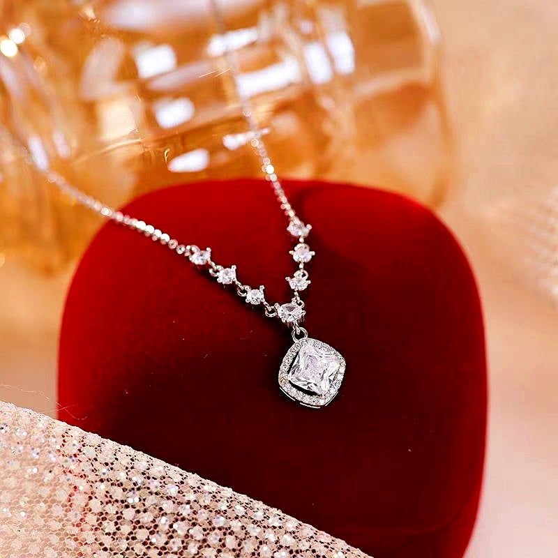 Sterling Silver Zircon Diamond Sugar Cube Necklace