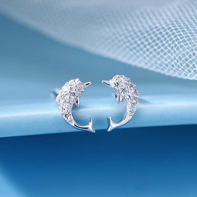 Sterling Silver Zircon Dolphin Studs