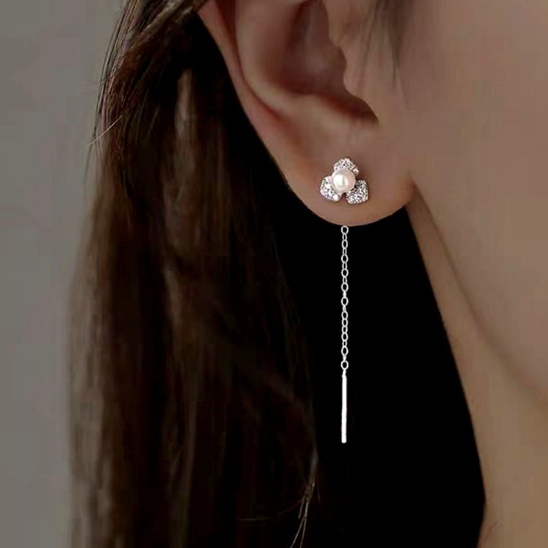Sterling Silver Zircon Flower Leaf Threader Earrings