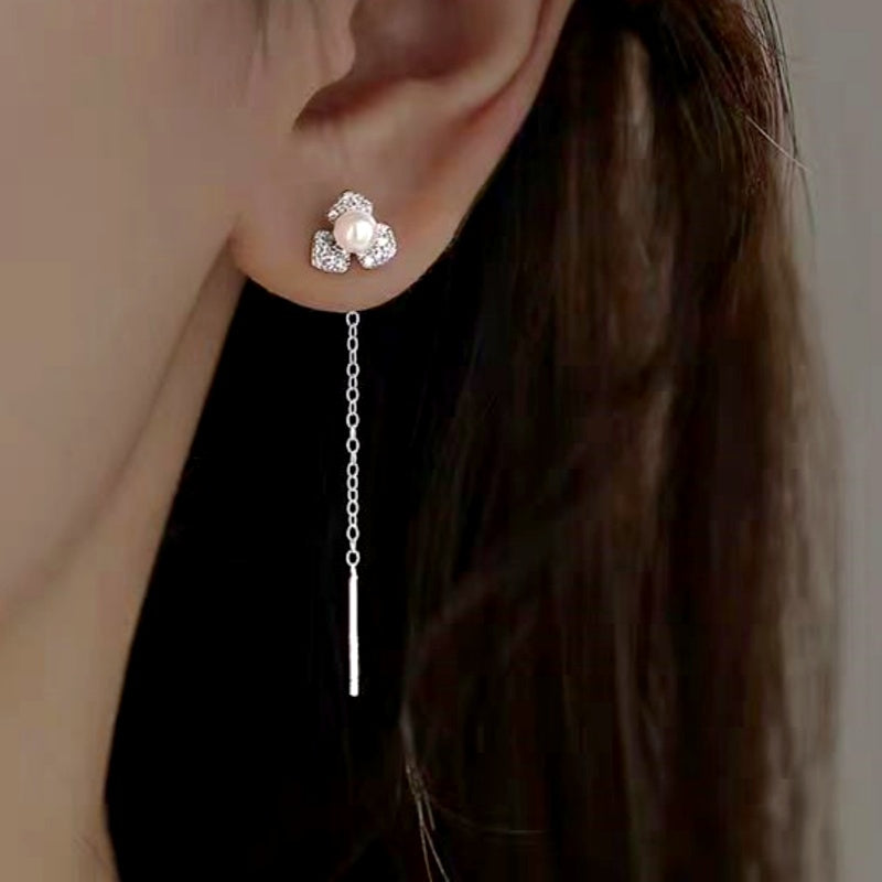 Sterling Silver Zircon Flower Leaf Threader Earrings