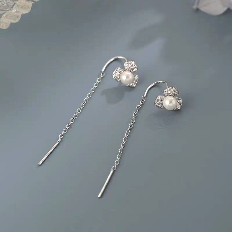 Sterling Silver Zircon Flower Leaf Threader Earrings