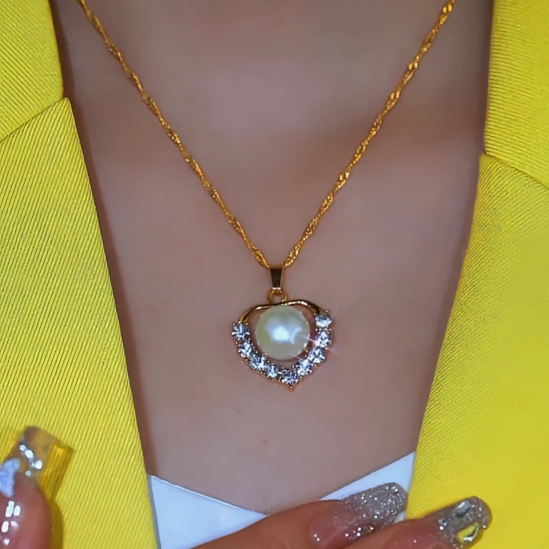 Sterling Silver Zircon Heart-Design Pearl Chain Necklace