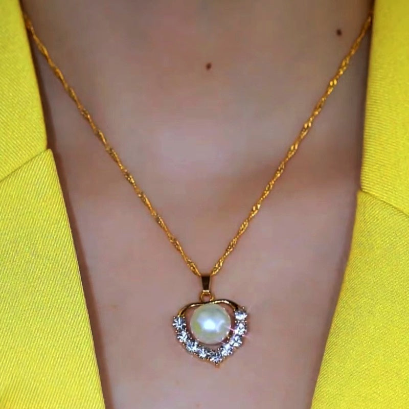 Sterling Silver Zircon Heart-Design Pearl Chain Necklace