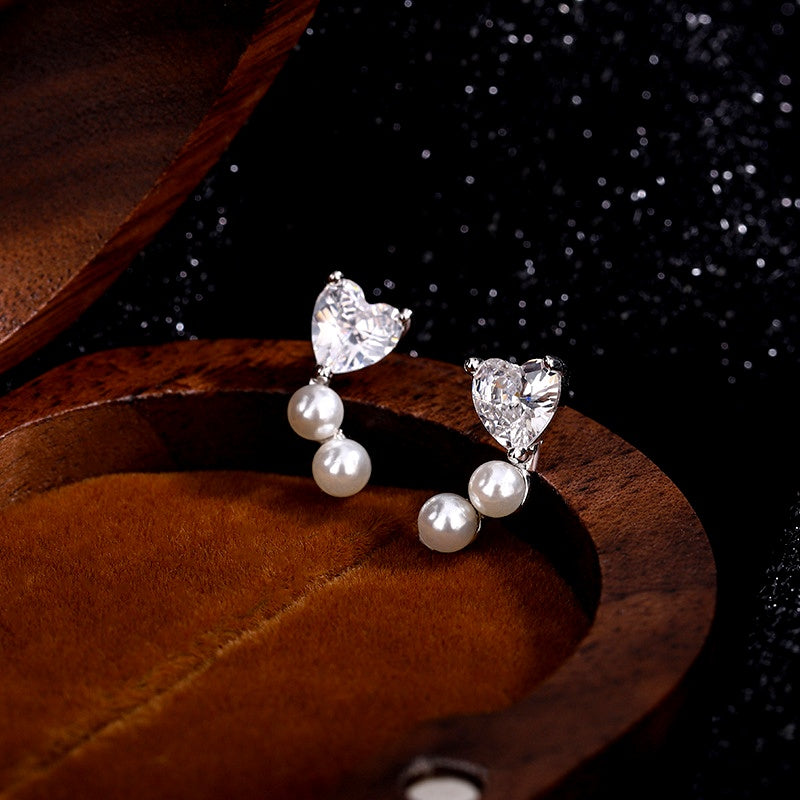 Sterling Silver Zircon Heart Imitation Pearl Stud Earrings