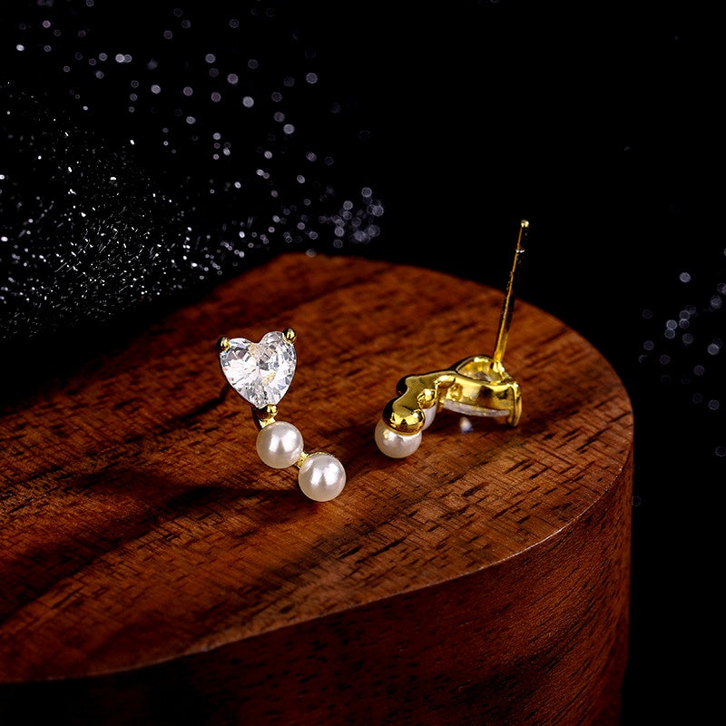 Sterling Silver Zircon Heart Imitation Pearl Stud Earrings