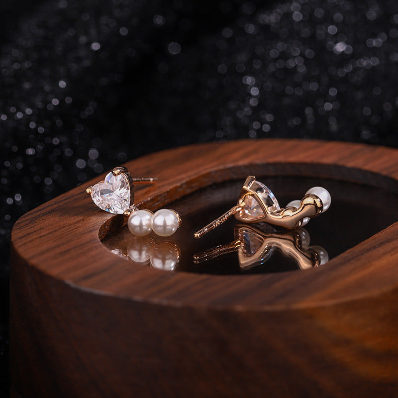Sterling Silver Zircon Heart Imitation Pearl Stud Earrings