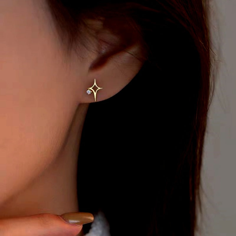 Sterling Silver Zircon Hollow Four-Cornered Star Stud Earrings