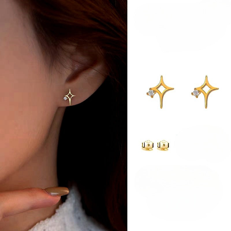 Sterling Silver Zircon Hollow Four-Cornered Star Stud Earrings