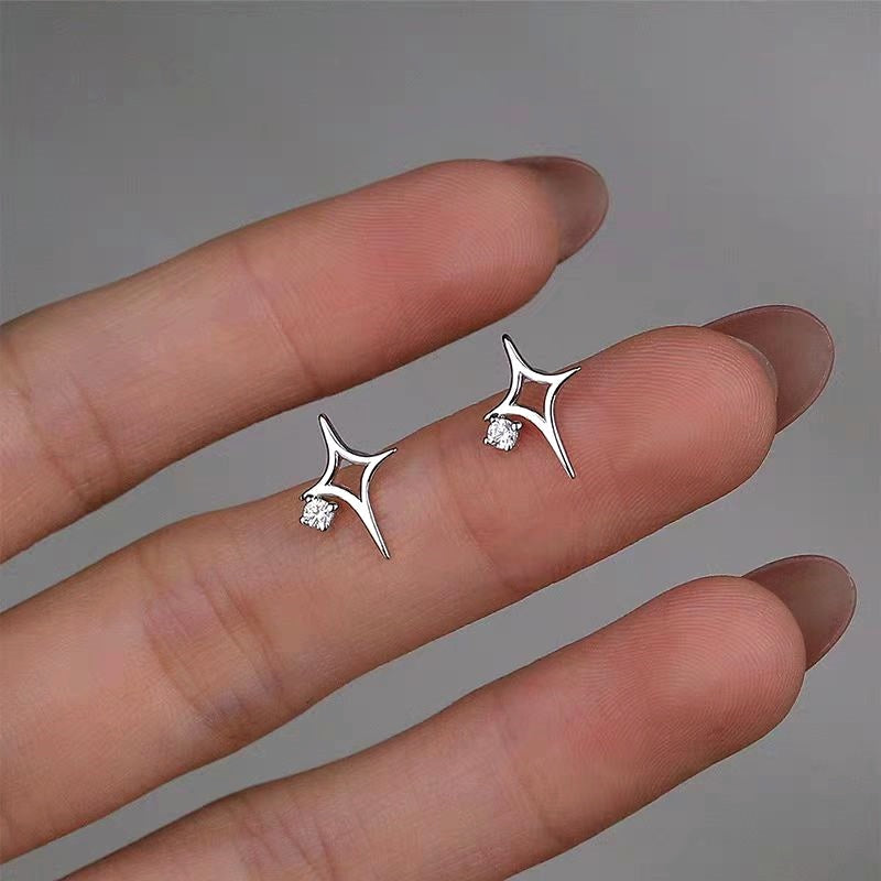 Sterling Silver Zircon Hollow Four-Cornered Star Stud Earrings