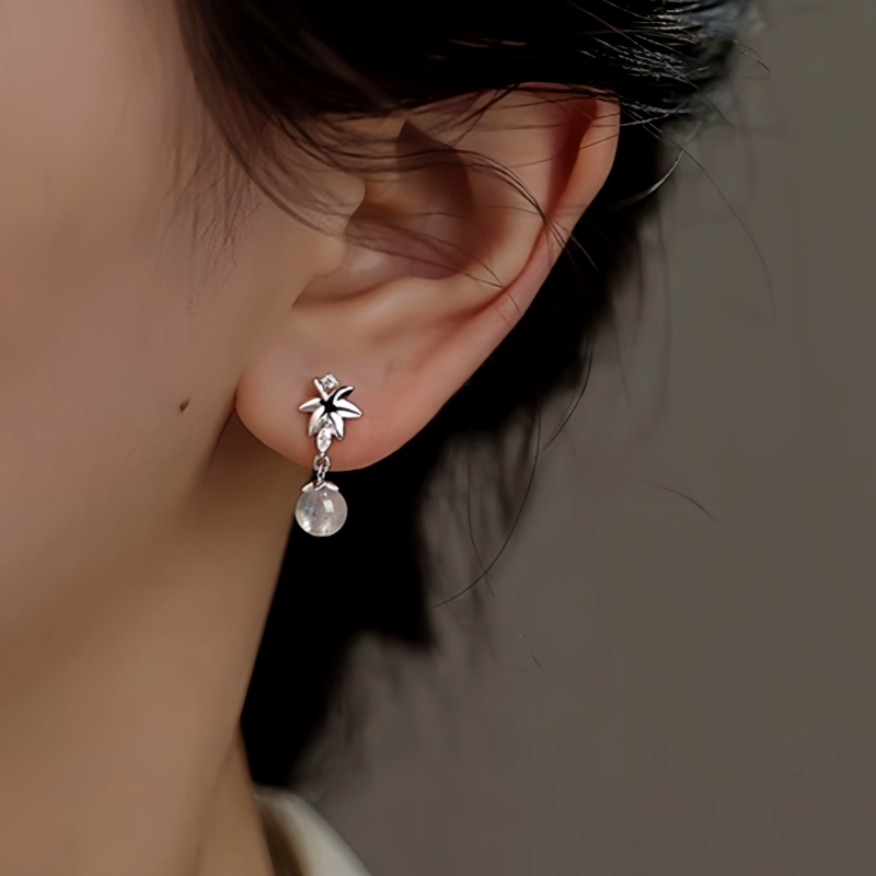 Sterling Silver Zircon Maple Leaf Earrings