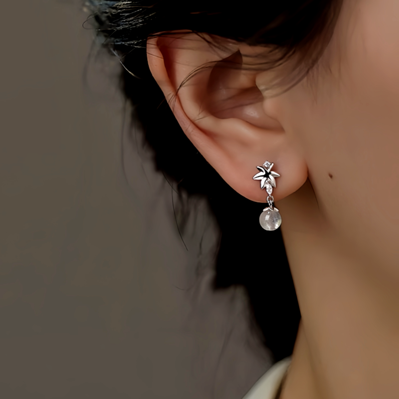 Sterling Silver Zircon Maple Leaf Earrings