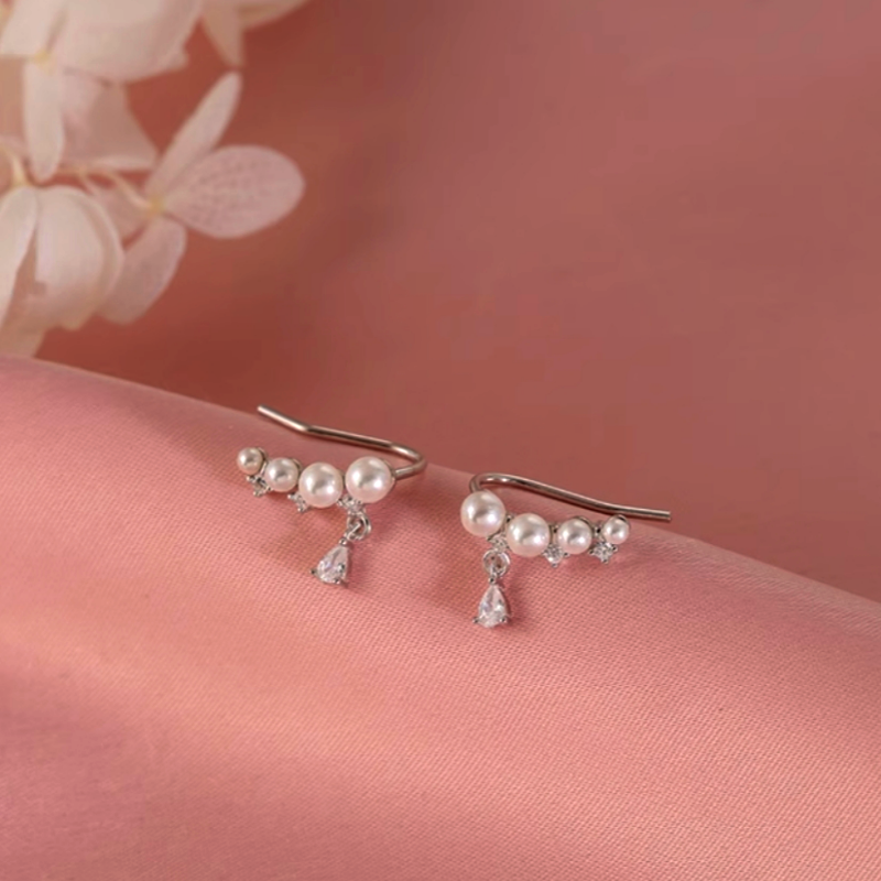 Sterling Silver Zircon Pearl Crawler Earrings