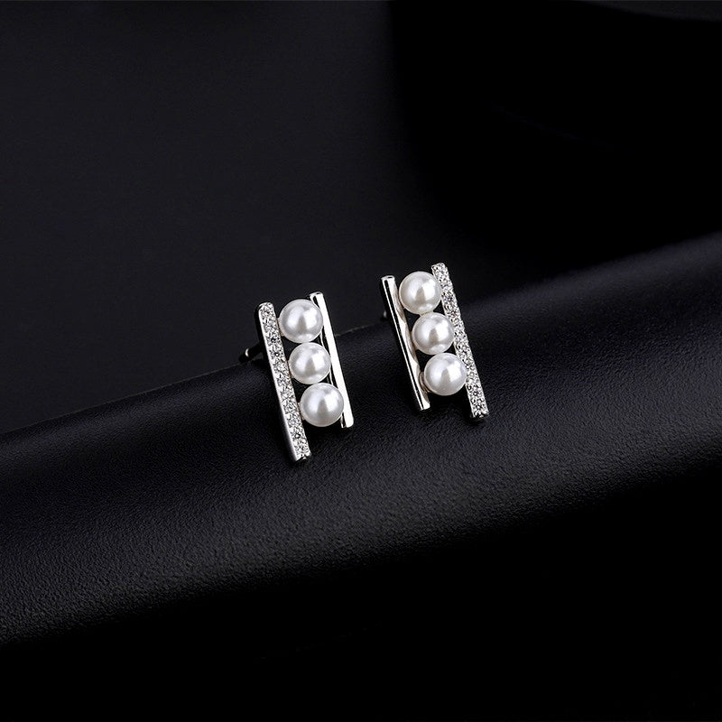 Sterling Silver Zircon Pearl Stud Earrings