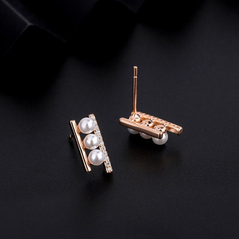 Sterling Silver Zircon Pearl Stud Earrings