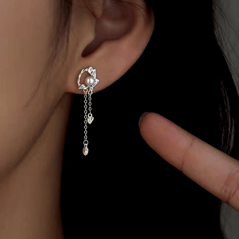 Sterling Silver Zircon Pearl Tassel Earrings