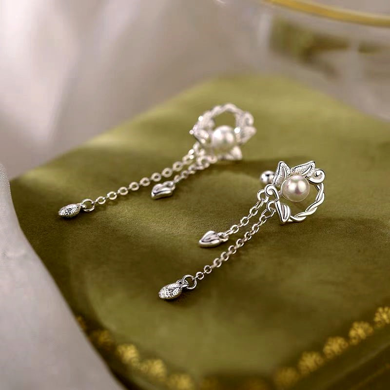 Sterling Silver Zircon Pearl Tassel Earrings